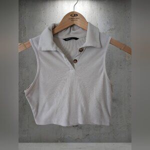 SHEIN White Ribbed Sleeveless Polo Crop Top with Buttons